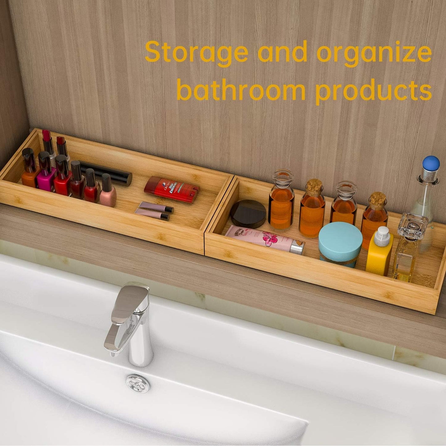 Bamboo Kitchen Drawer Organizer,Stackable Silverware Tray Utensil Organizer Cutlery Holder for Kitchen,Wooden Storage Box for Bathroom, Multi-Use Drawer Organizer for Office,Makeup(12x6x2.5 inch）