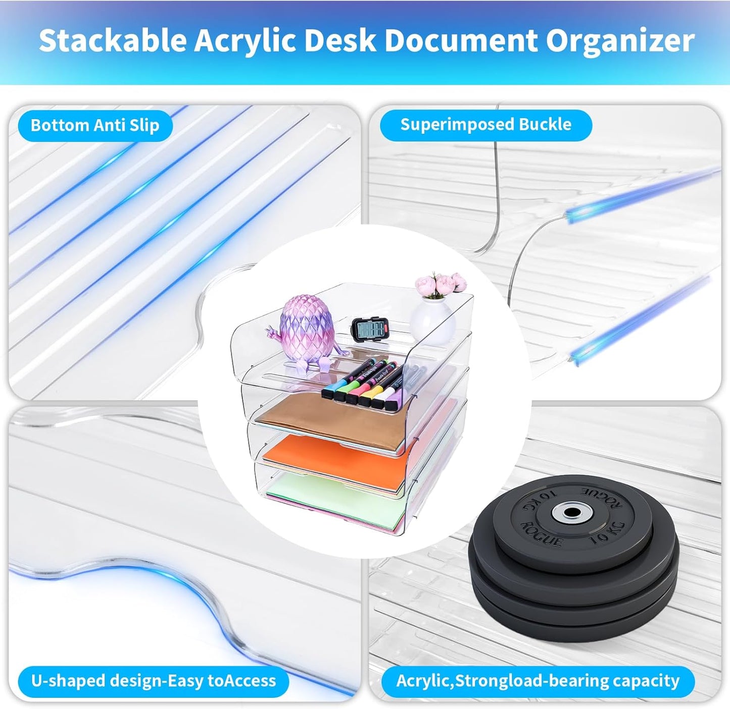 EXOFC Stackable Paper Letter Tray Organizer, 4-Pack Clear Desk File Holder for Paper, Office Organizer for A4 Documents, Books, iPad