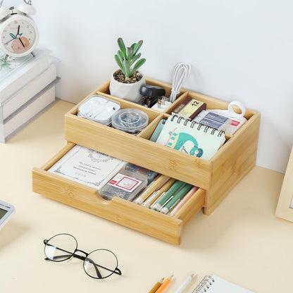 GOBAM Bamboo Makeup Organizer and Storage with Drawer, Wooden Cosmetic Organizer Countertop for Bathroom, Bedroom, Kitchen & Dresser, Desk Organizer with Drawers and Make up Vanity Station - Medium