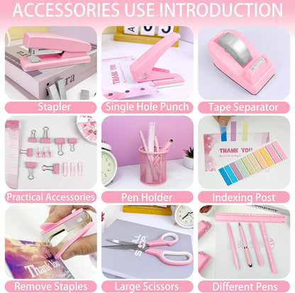 Purple Desk Accessories, 17Pcs Purple Office Supplies Set with Stapler, Mesh Desk Organizer, Tape Dispenser, Staple Remover, Pen Holder, Clips, Pens, Ruler, for Office Home School Women Students Gift