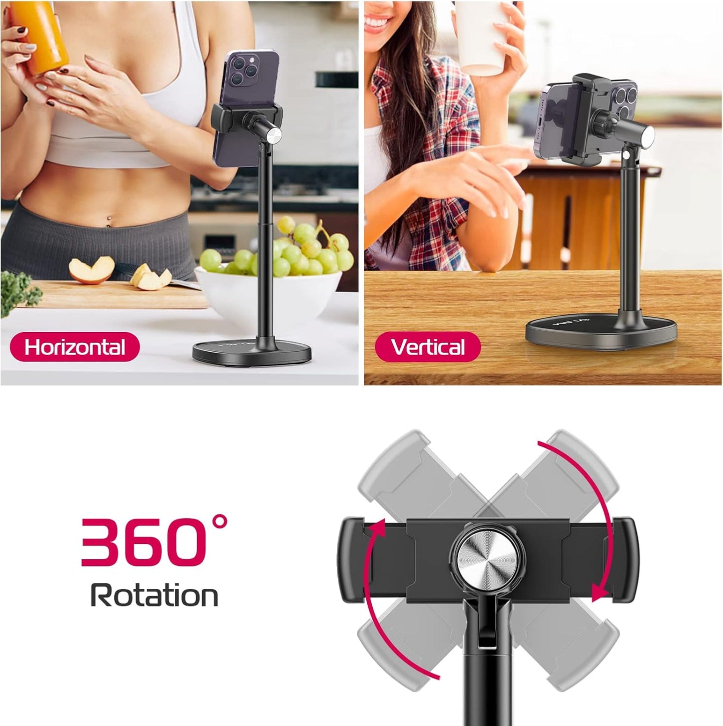 ULANZI Cell Phone Stand Mount for Desk, Vijim HP004 Adjustable Height & Angle Phone Holder, 360 Degree Rotating Desktop Phone Stand Compatible with iPhone, Samsung and All Phones
