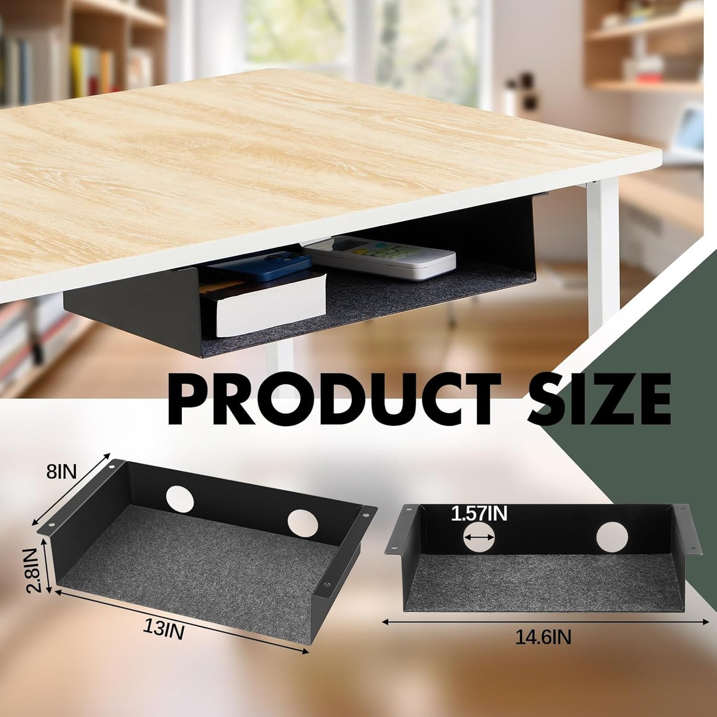 Yaocom 2 Pack Under Desk Hanging Shelf, Carbon Steel Storage Tray with Mute Felt Sheets, Mount Shelves Organizer for Office Home Workstation Gaming Desk Stand up(13x8x2.8 in/Storage Shelf,Black)