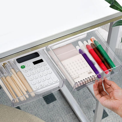 SOUJOY 3 Pack Under Desk Drawer, Self-Adhesive Slide Out Organizer Tray, Plastic Stick On Table Hidden Attachable Drawer Tray for Office Home School Kitchen