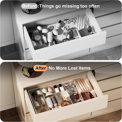 Acrylic Expandable Desk Drawer Organizer with 11 Adjustable Compartments and 6 Removable Dividers Desk Accessories for Office Kitchen Bathroom Makeup and Utensil Junk Storage (Clear, 2Pcs)