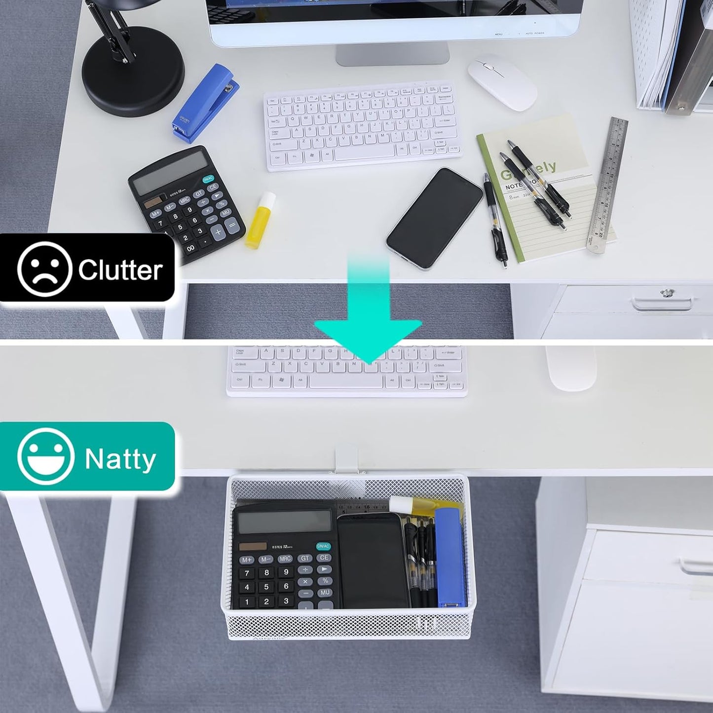 Under Desk Drawer Organizer - Clamp-On Above or Below Desk Mesh Drawer for Office Accessories, Storage Tray, and Desktop Organizer (White - Small)