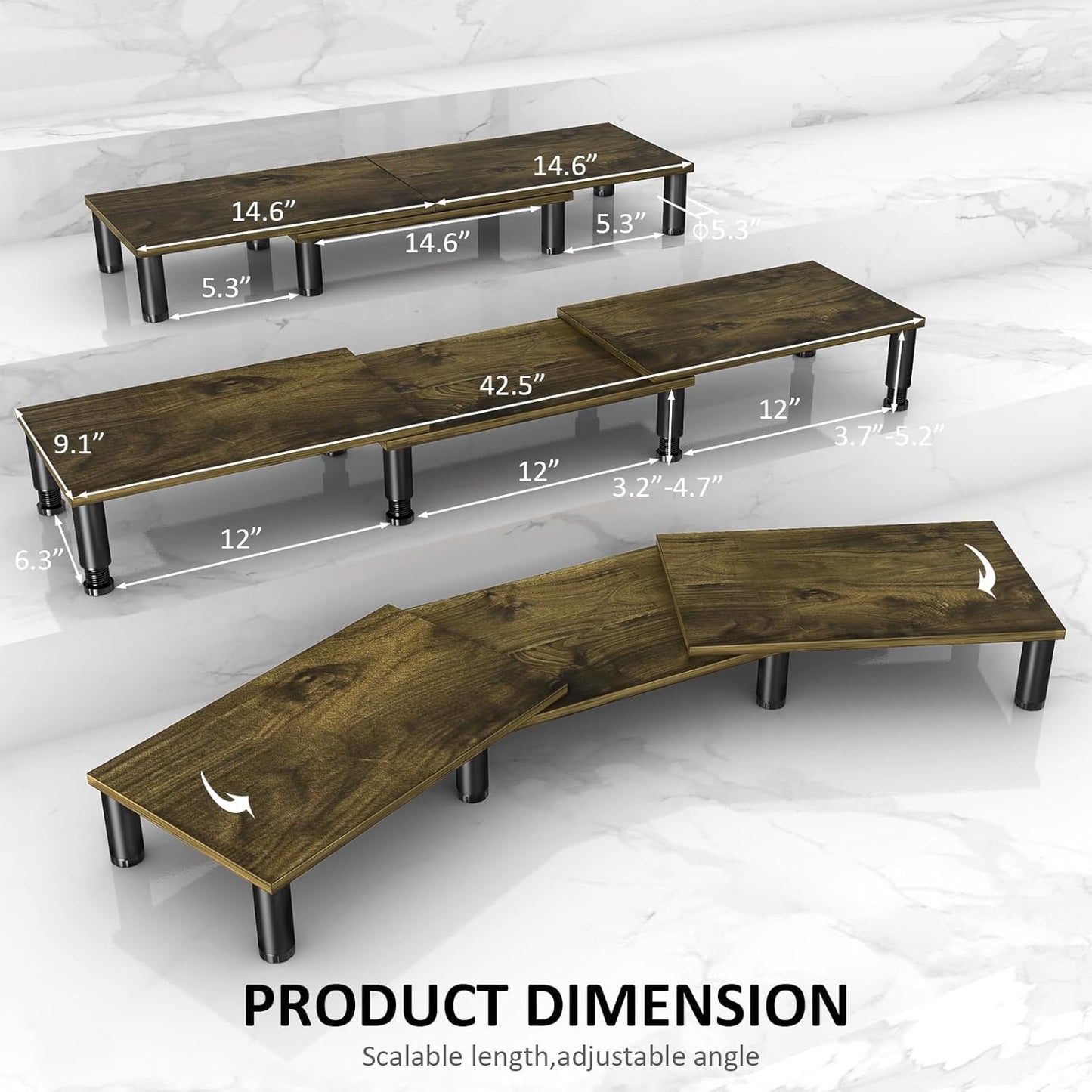 AX Waber Dual Monitor Riser - Adjustable Length & Angle, Wooden Stand for 2 Monitors with Storage
