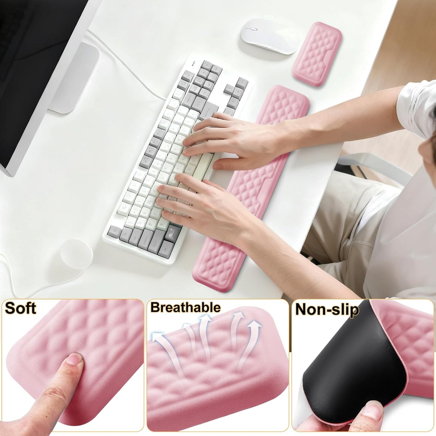 Keyboard Wrist Rest Mouse Wrist Support, Memory Foam Wrist Rest Pad for Computer Laptop, Ergonomic Wrist Cushion Support for Typing Pain Relief, Gaming Home Office, Pink