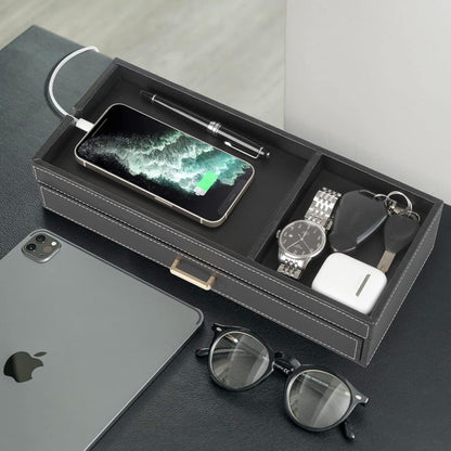 HofferRuffer Valet Jewelry Tray Organizer with Drawer, Faux Leather Storage Catchall Box Phone Charging Station Tray with Dresser Nightstand Desktop Drawer Organizer (Black)