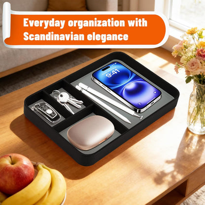 Valet Tray for Men, PU Leather Desk & Nightstand Organizer - Two-Toned Catch All Tray for Keys, Wallet, Watch, Jewelry and EDC Gear (black)