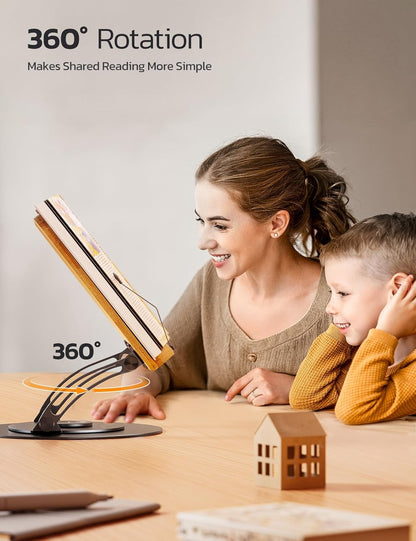 Nulaxy Bamboo 360 Rotating Book Stand for Reading, Adjustable Textbook Holder for Reading Hands-Free, Foldable Desktop Cookbook Stand with Protective Page Clips, Fits All Books - Gray