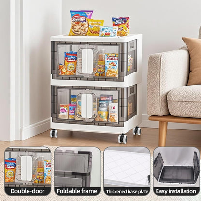 Folding Storage Organizer with Silent casters | Stackable Design for Home & Office, Heavy-Duty Plastic Storage Bin with Clear Door, 3 Sizes (19.5/23.5/27.5in),Black/White (23.6" 1 layer, White)