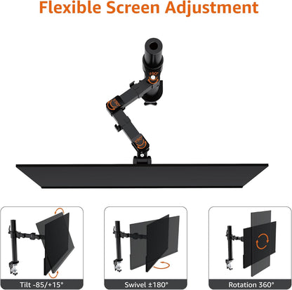 Amazon Basics Single Computer Monitor Stand with Cable Management, Height Adjustable VESA Desk Arm Mount, Fully Adjustable Tilt and Rotation, Steel, Black, Fits 13-30" Screens