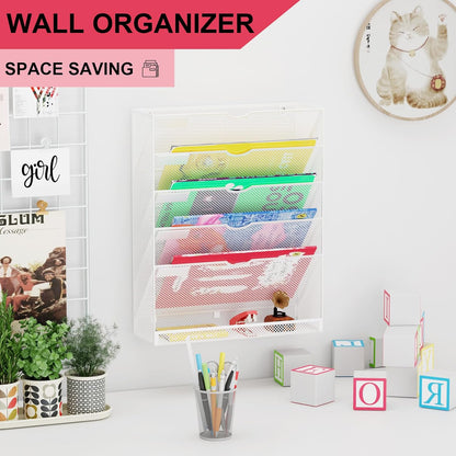 Wall File Organizer Holder Mesh Hanging Paper Document Holder,Vertical 6 Pocket Tier for Office Home, Black
