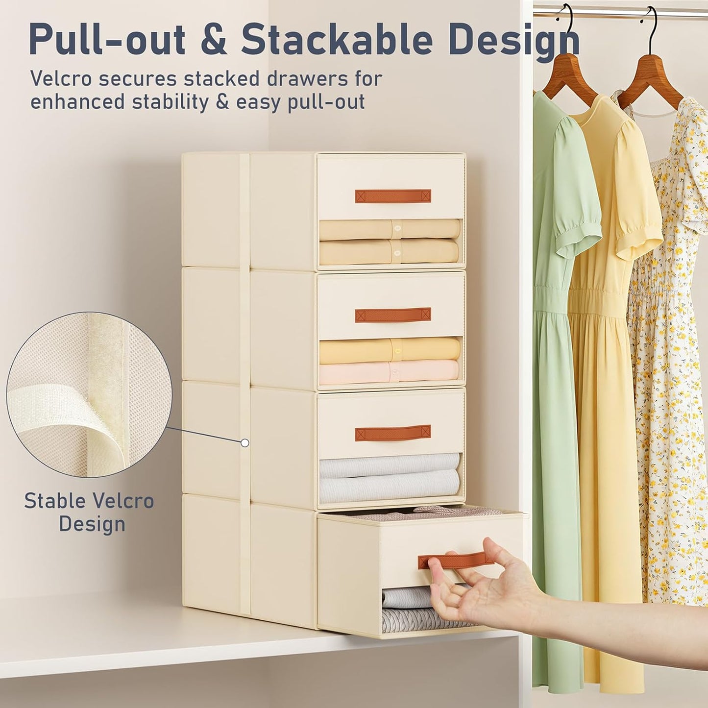 DIMJ Closet Organizers and Storage - Fabric Bins with Drawers for Closet Foldable Clothes Organizers with Clear Window, Stackable Storage Drawers Units for Bedroom, Living Room, 4-Pack, Grey