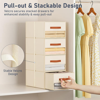 DIMJ Closet Organizers and Storage - Fabric Bins with Drawers for Closet Foldable Clothes Organizers with Clear Window, Stackable Storage Drawers Units for Bedroom, Living Room, 4-Pack, Grey