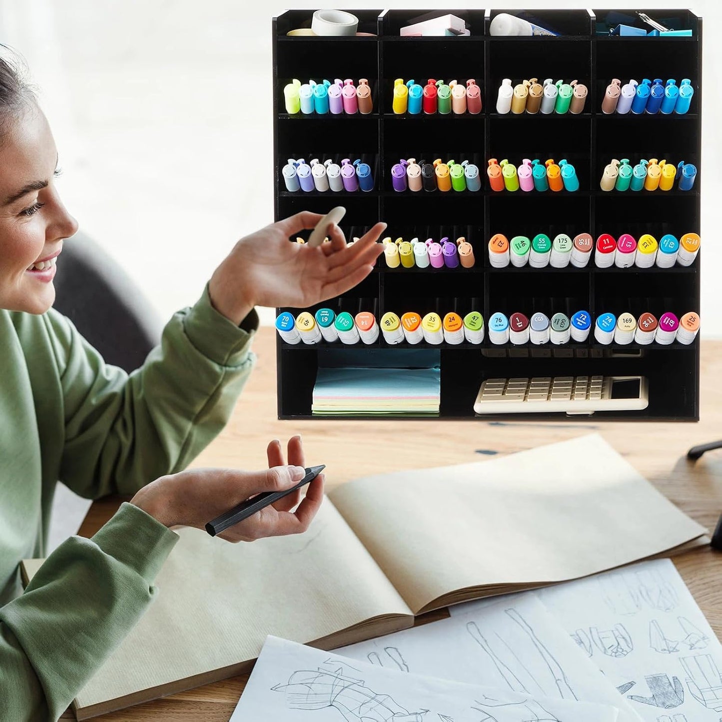 MotiMind Acrylic Pen Organizer Storage for 250 Markers Vertical Marker Organizer Acrylic Pen Display Holder for Office Desk Desktop Stationery Pencil Storage, Clear, 13 x 4 x 12.4 Inch