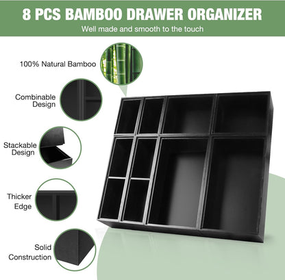 Bamboo Drawer Organizer,5 PCS White Bathroom Tray&Desk Organizers and Storage,Cabinet Divider With Removable Silverware Organization for Kitchen,Utensils,Junk,Office,Makeup