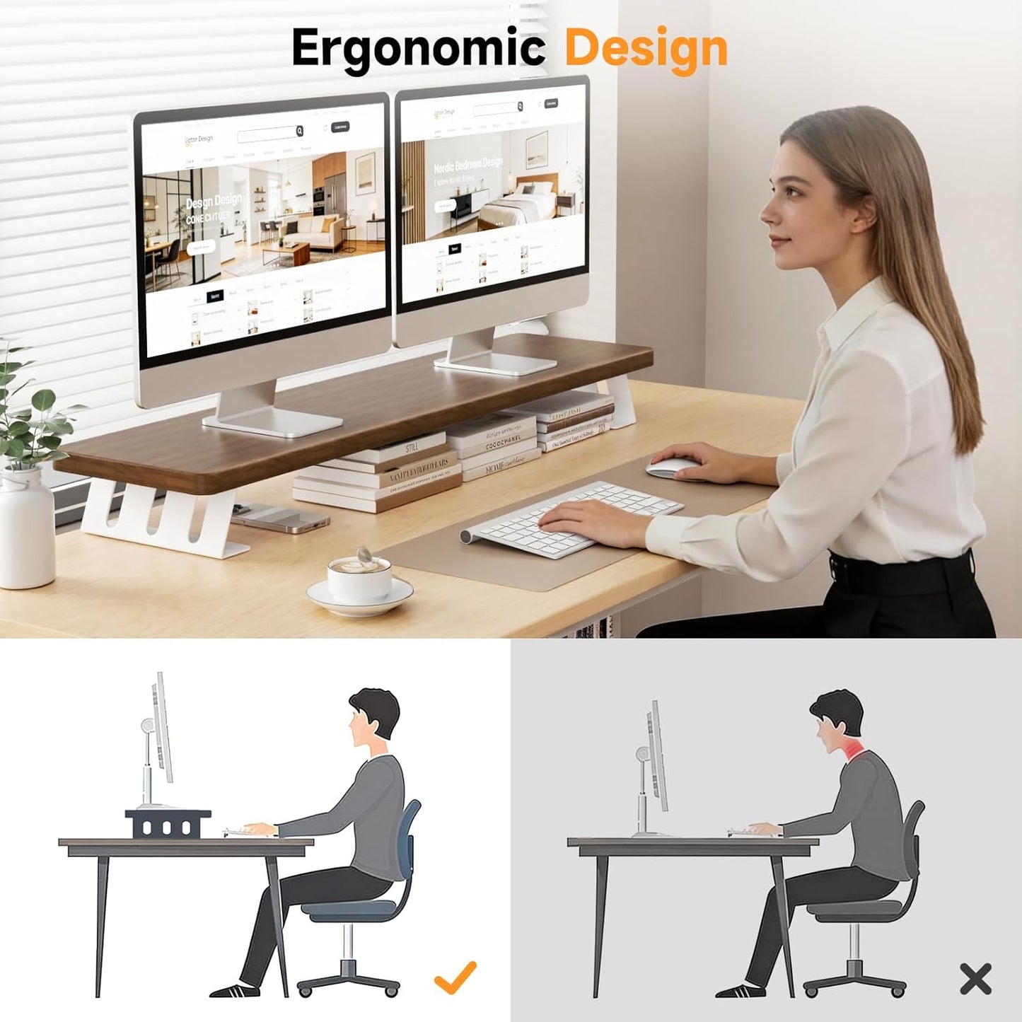 Monitor Stand Riser, 39 Inch Large Wood Monitor Stands for 2 Monitors