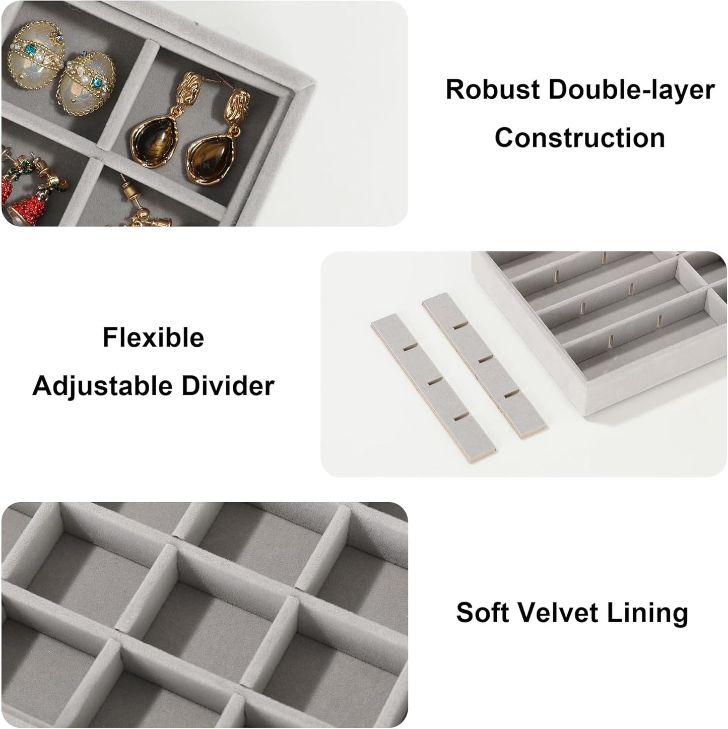 Frebeauty Stackable Jewelry Trays, Velvet Drawer Jewelry Organizer with Glass Lid,5 in 1 Multi-Functional Jewelry Storage for Earrings Necklaces Rings, 10.5 x 6.5 x 5.55 Inches Gift for Women(Beige)