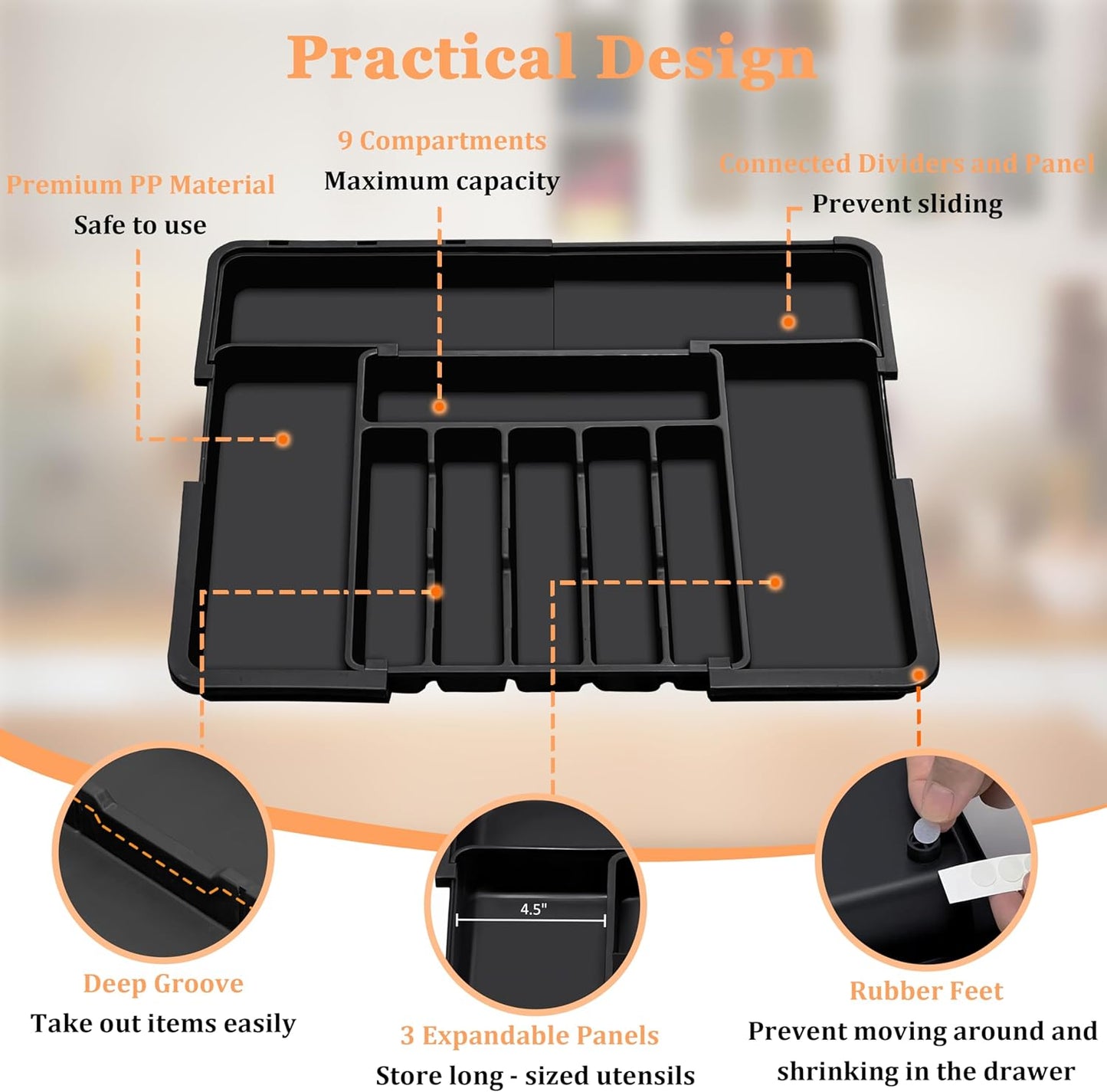 Spaclear Silverware Organizer Expandable Kitchen Utensil Drawer Organizer Large BPA Free Adjustable Cutlery Silverware Tray for Spoons Forks Knives Storage Divider for Kitchen Flatware 6-9 Slots Black