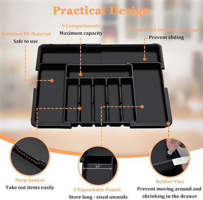 Spaclear Silverware Organizer Expandable Kitchen Utensil Drawer Organizer Large BPA Free Adjustable Cutlery Silverware Tray for Spoons Forks Knives Storage Divider for Kitchen Flatware 6-9 Slots Black