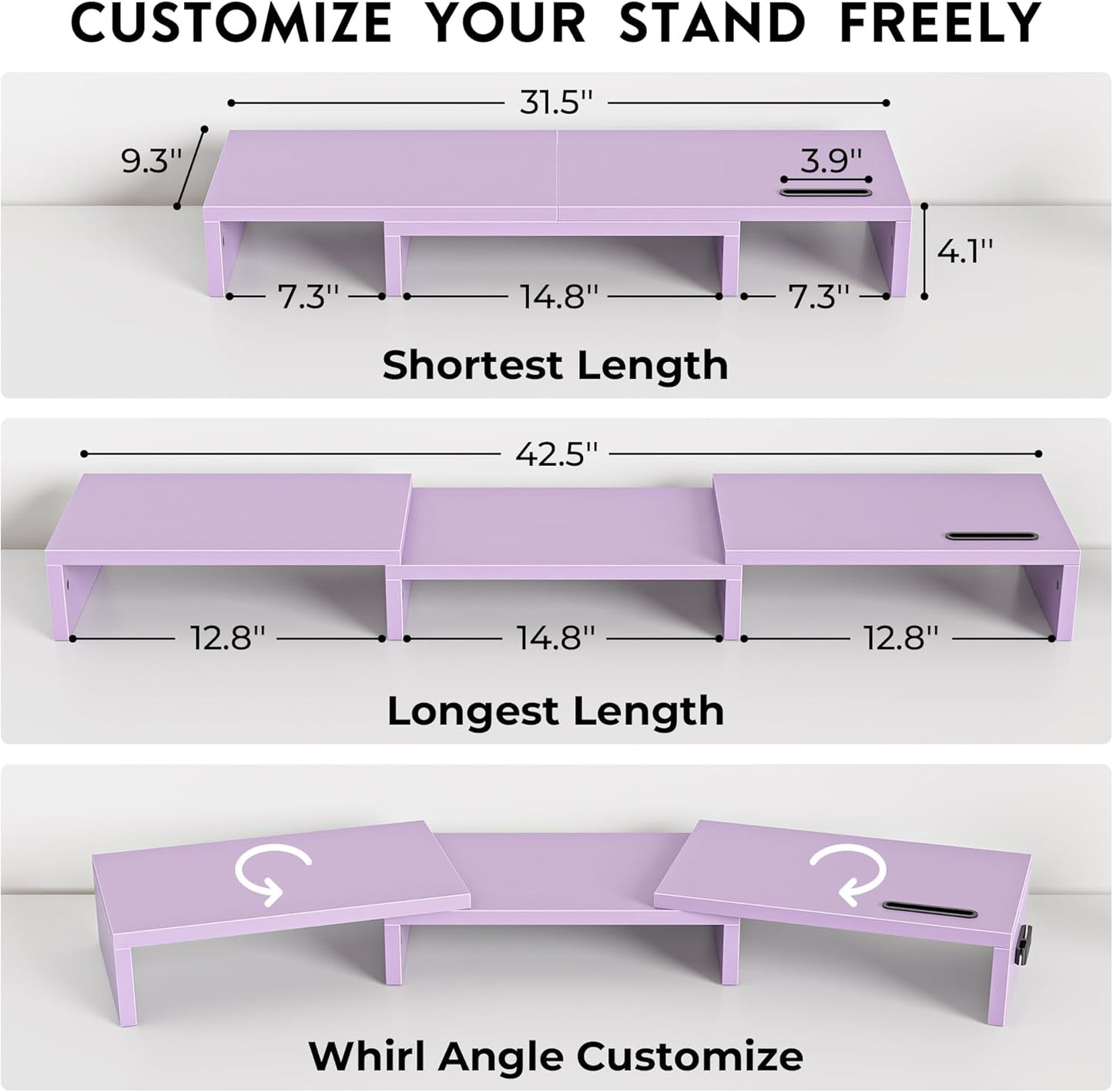 BONTEC Dual Monitor Stand Riser with Smartphone Holder, Adjustable Length & Swivel Angle, Ergonomic Wooden Desktop Organizer for PC Monitor, Laptop, Printer, Large Storage, White