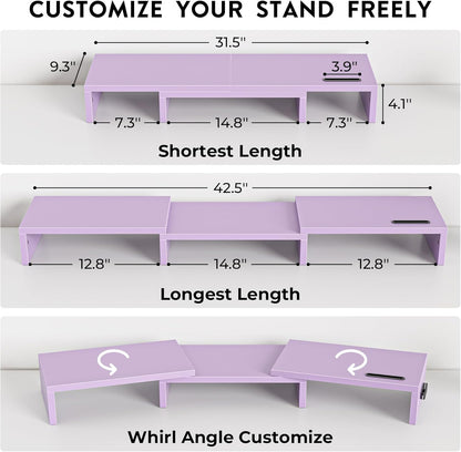 BONTEC Dual Monitor Stand Riser with Smartphone Holder, Adjustable Length & Swivel Angle, Ergonomic Wooden Desktop Organizer for PC Monitor, Laptop, Printer, Large Storage, White