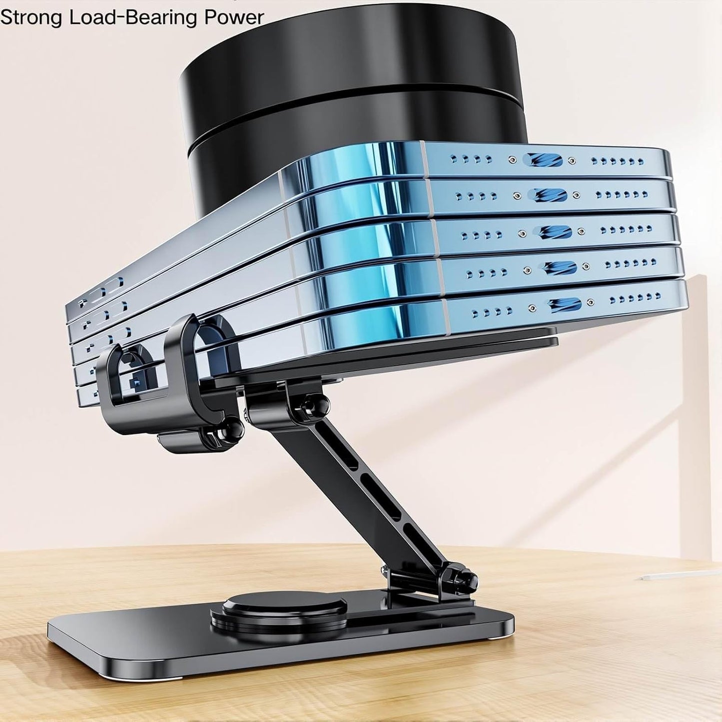 4 Joints 360° Rotating Cell Phone Stand for Desk, Adjustable Folding Phone Stand, Aluminum Alloy Arms & Steel Base, Non-Slip Silicone Pads, Scratch-Free for iPhone & Android, Black
