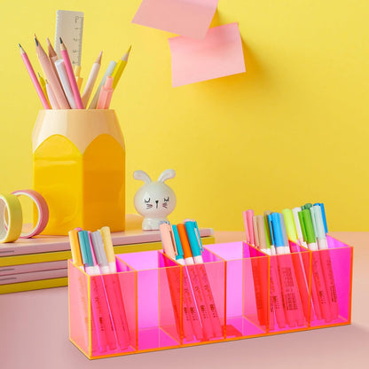 Jetec Acrylic Pen Holder 6 Compartments Makeup Brush Stationery Organizer Pencil Holder for Desk Accessories, Cosmetic Brushes, Dorm, Home, Bathroom, Kitchen, Office Supplies(Neon Pink)