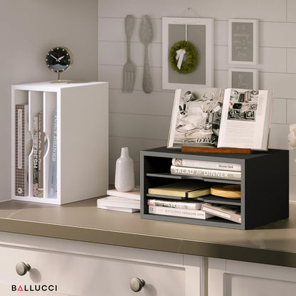 Ballucci File Organizer, 2-Tier Document Paper Sorter, Stackable Wood Desk Organizer Mail Holder, Monitor Stand with Storage Shelves, White