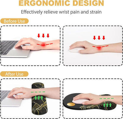 Ergonomic Mouse Pad with Wrist Rest and Keyboard Wrist Rest, Black Mousepad and Wrist Rest for Computer Keyboard, Pain Relief, Non-Slip PU Base, Gel Mouse Pad with Wrist Support for Gaming, Office