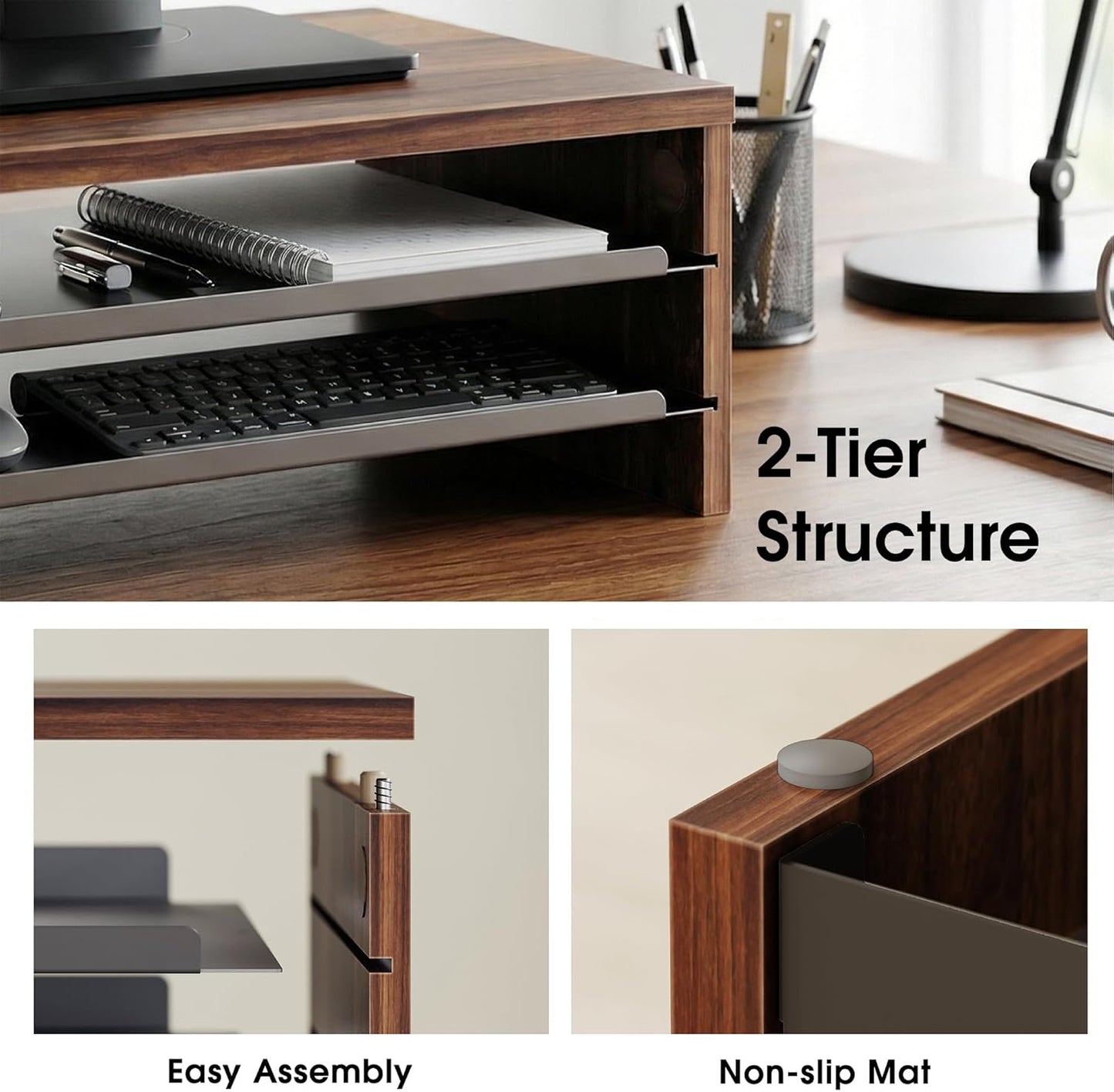 Fenge Monitor Stand, 3-Tier Monitor Riser with Slide-Out Tray, Wooden and Metal Desktop Organizer for Home Office, Computer, Laptop, Printer, Telephone