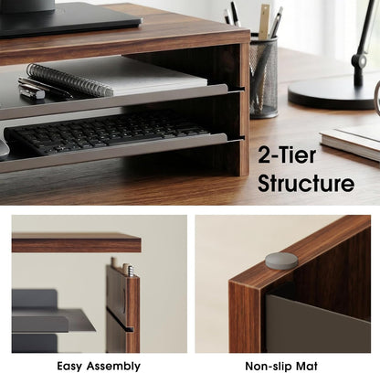 Fenge Monitor Stand, 3-Tier Monitor Riser with Slide-Out Tray, Wooden and Metal Desktop Organizer for Home Office, Computer, Laptop, Printer, Telephone
