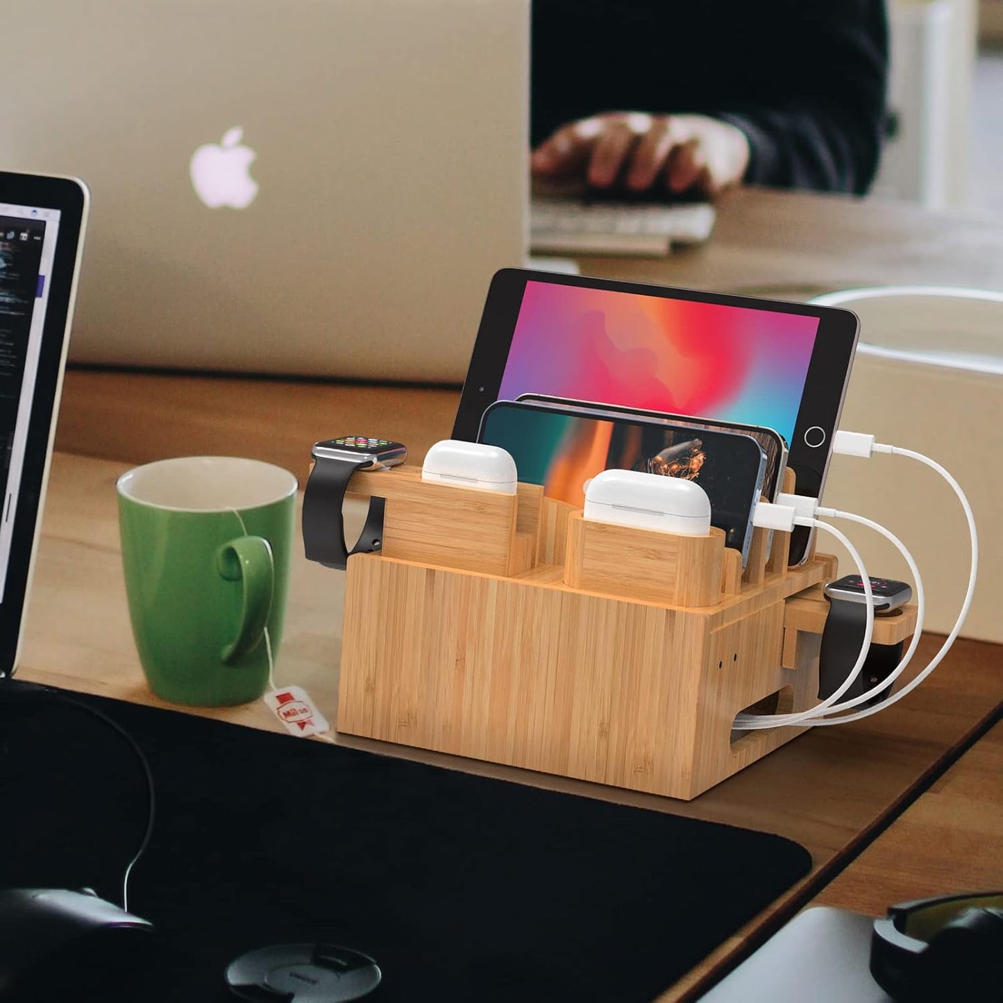 Pezin & Hulin Multiple USB Charging Station, Wooden Bamboo Dock Station for Cell Phones, Tablets, Earpods and Smart Watch, Including Power Charger HUB, 5 Cables -Natural Bamboo
