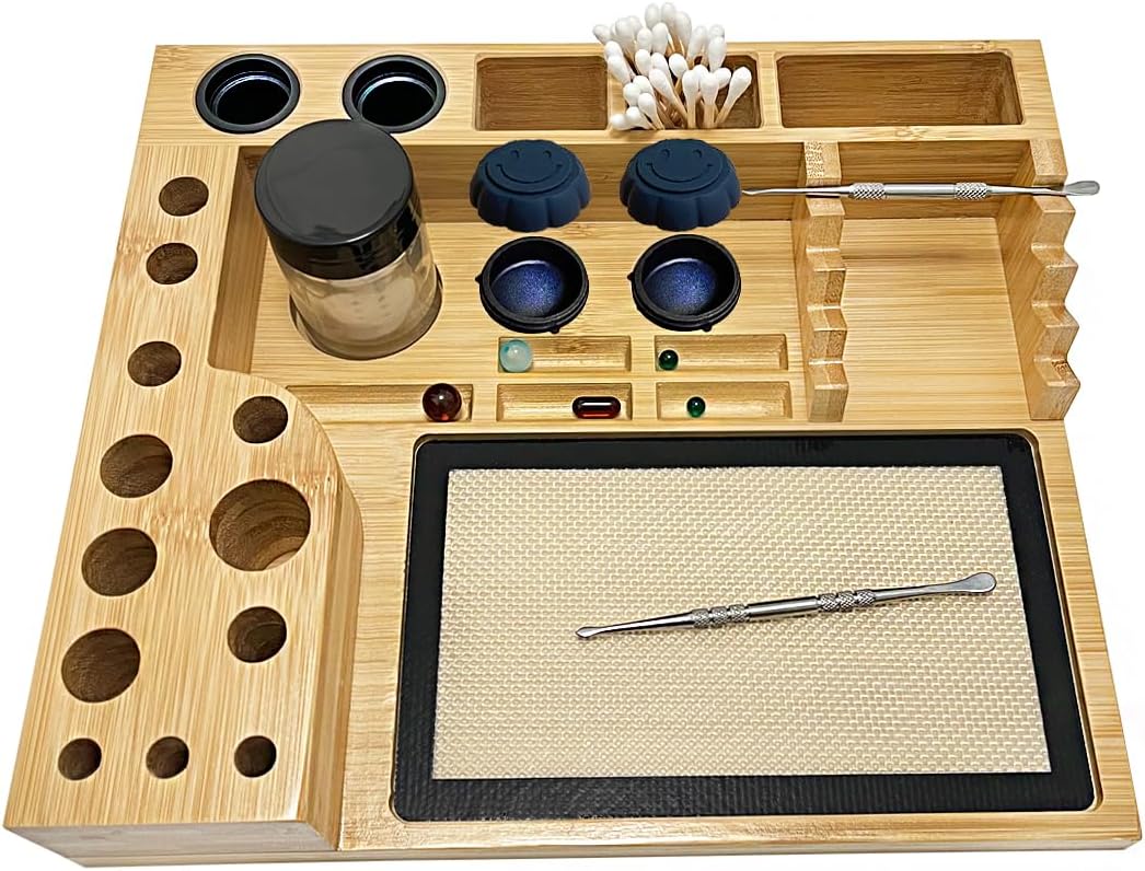 Bamboo Desk Organizer,Carving Tool Organizer with Non-sticky Mat and Silicone Container (21 x 16 x 4.5cm)
