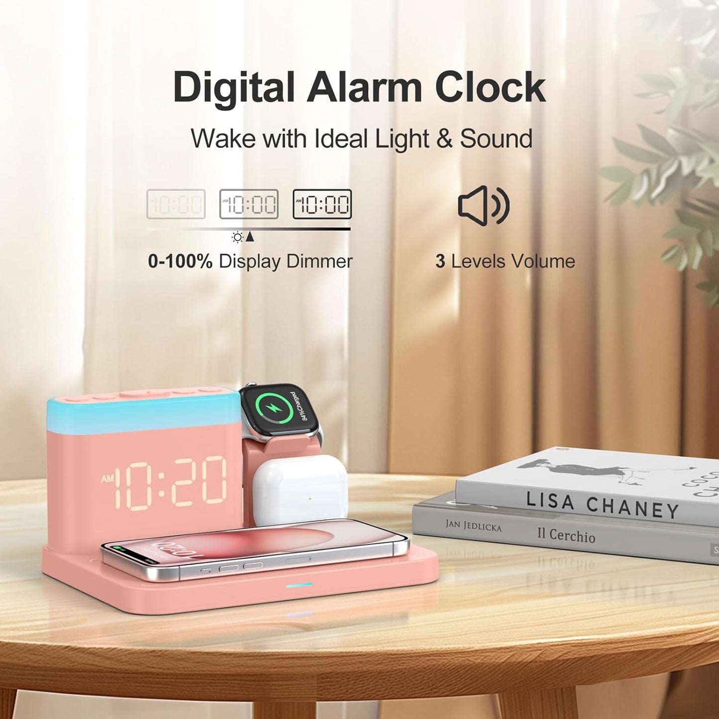 ANJANK Wireless Charging Station,5 in 1 Multiple Charger Stand with Alarm Clock,7 Night Light,Mag-Safe Charging Dock for iPhone 17 16 15 14 13 12 Pro Max Plus,Apple Watch 11/10/9/8,for Airpods,Bedroom