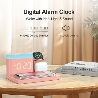 ANJANK Wireless Charging Station,5 in 1 Multiple Charger Stand with Alarm Clock,7 Night Light,Mag-Safe Charging Dock for iPhone 17 16 15 14 13 12 Pro Max Plus,Apple Watch 11/10/9/8,for Airpods,Bedroom