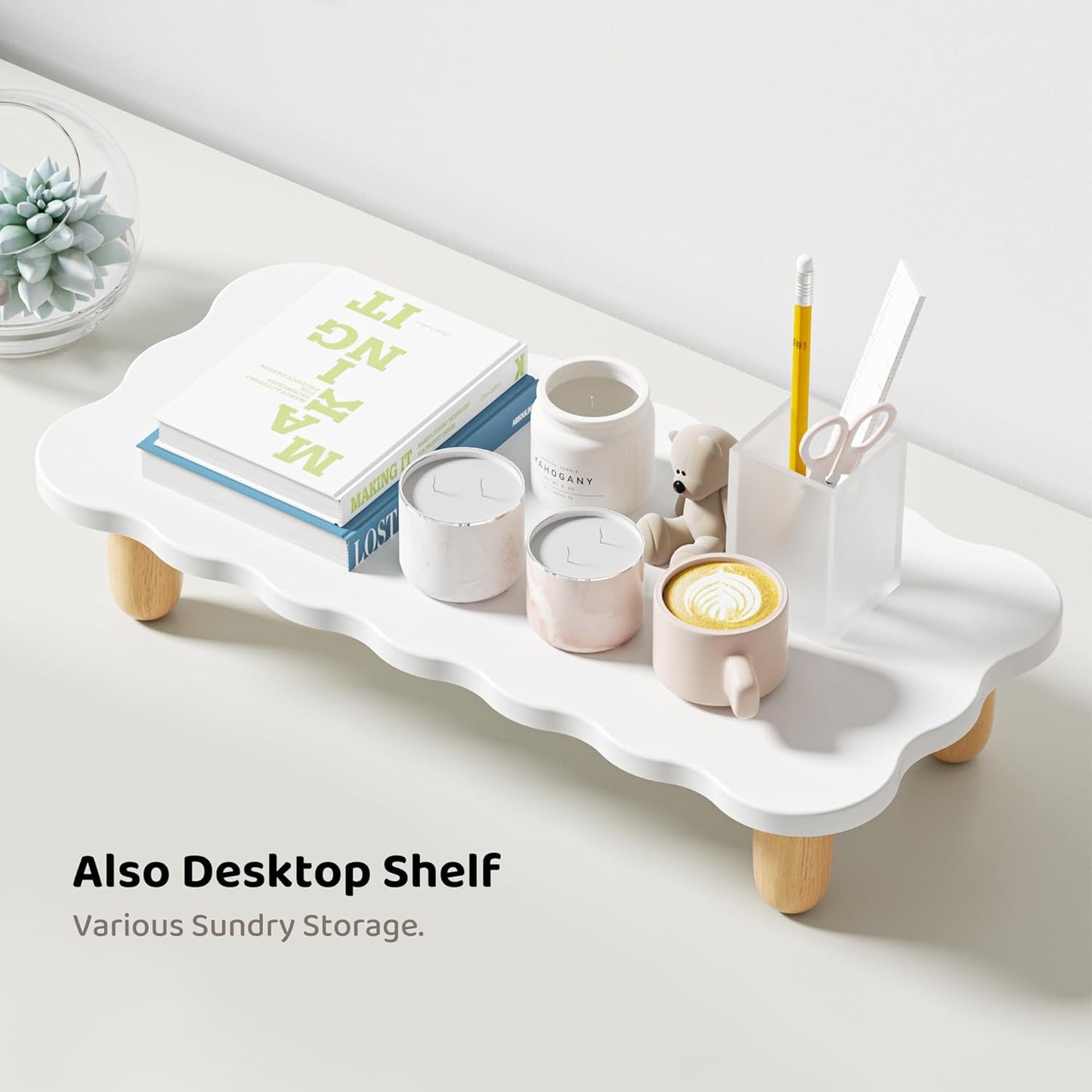 AFOOYO Monitor Stand Riser, Cookie-Shaped Sturdy Wood Computer Monitor Stand for Desk, Ergonomic Desk Stand, Multi-Purpose Desktop Organizer Riser for Computer, Laptop, Printer, TV,White