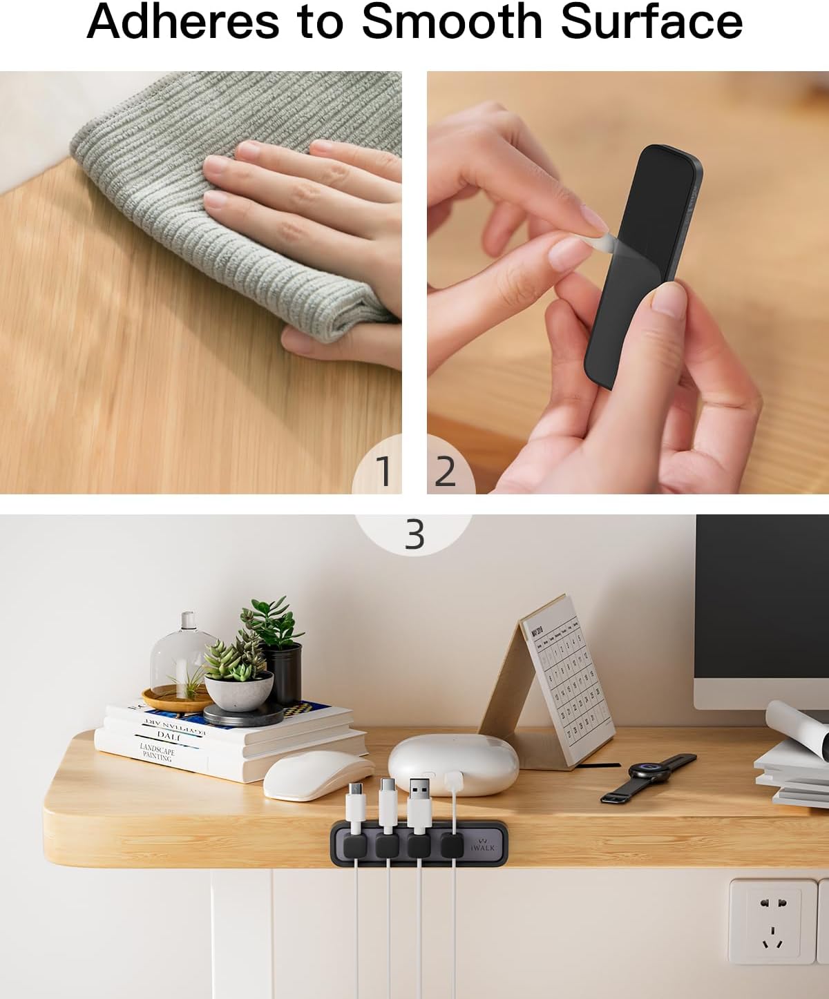 iWALK Magnetic Cable Holder,Reusable Adhesive Desktop Cord Organizer for 2-6mm Cables,4 Clips for Lightning & USB C/Micro Cables,Sticks to Wood,Glass,Metal, Marble,2-Pack,Black