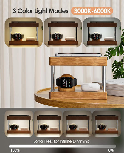 Bamboo Wireless Charging Station with Light: Ideal Gifts 4 in 1 Charging Station for Multiple Devices, Bedside Wireless Charger for iPhones 16-8/Pro/AirPods/iWatch