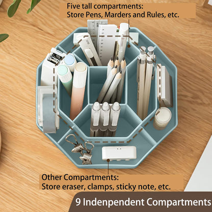 Pencil Pen Holder for Desk, 9 Slots 360 Degree Rotating Desk Organizer, Cute Pen Organizers Stationery Supplies for Office Home & Art Supply (Beige)