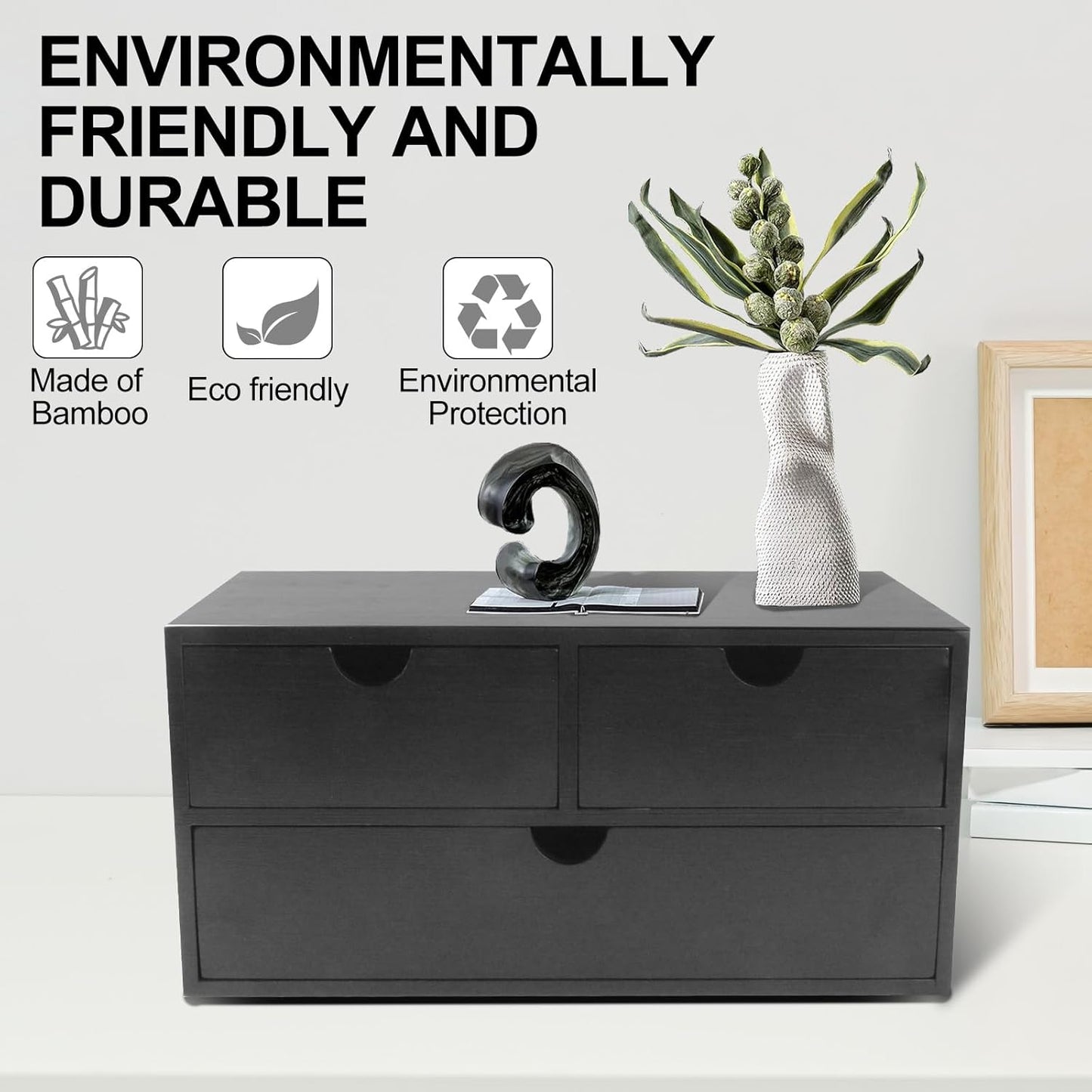 Charmewooden Bamboo Desk Organizer 3 Drawer with Shelf, Countertop Organizer with Drawers Makeup Storage Drawer 3 Drawers Tabletop Storage Organization Box Home Office Workspace（White）