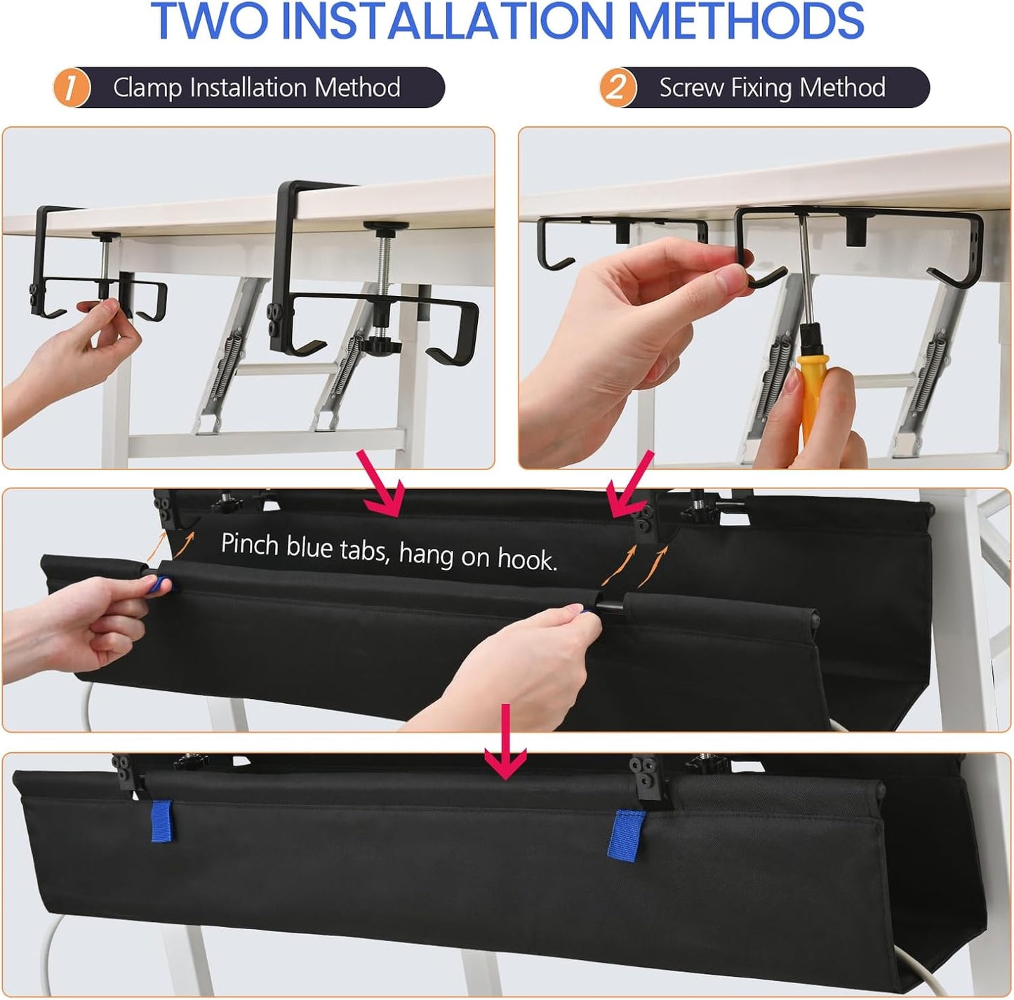 36" Under Desk Cable Management Tray- Clamp/Screw Mount Desk Cable Organizer Cable Tray Hiders for Office&Home