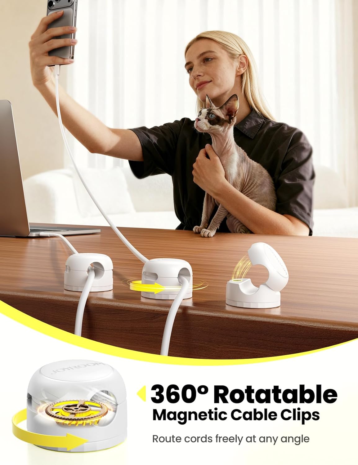 8-Pack JOYROOM Magnetic Cable Clips Organizer [Cord 360° Rotatable] Wire Keeper Holder with Strong Adhesive, Nightstand Desk Cable Management Phone Charger Holder for Car Wall Home Office Accessories