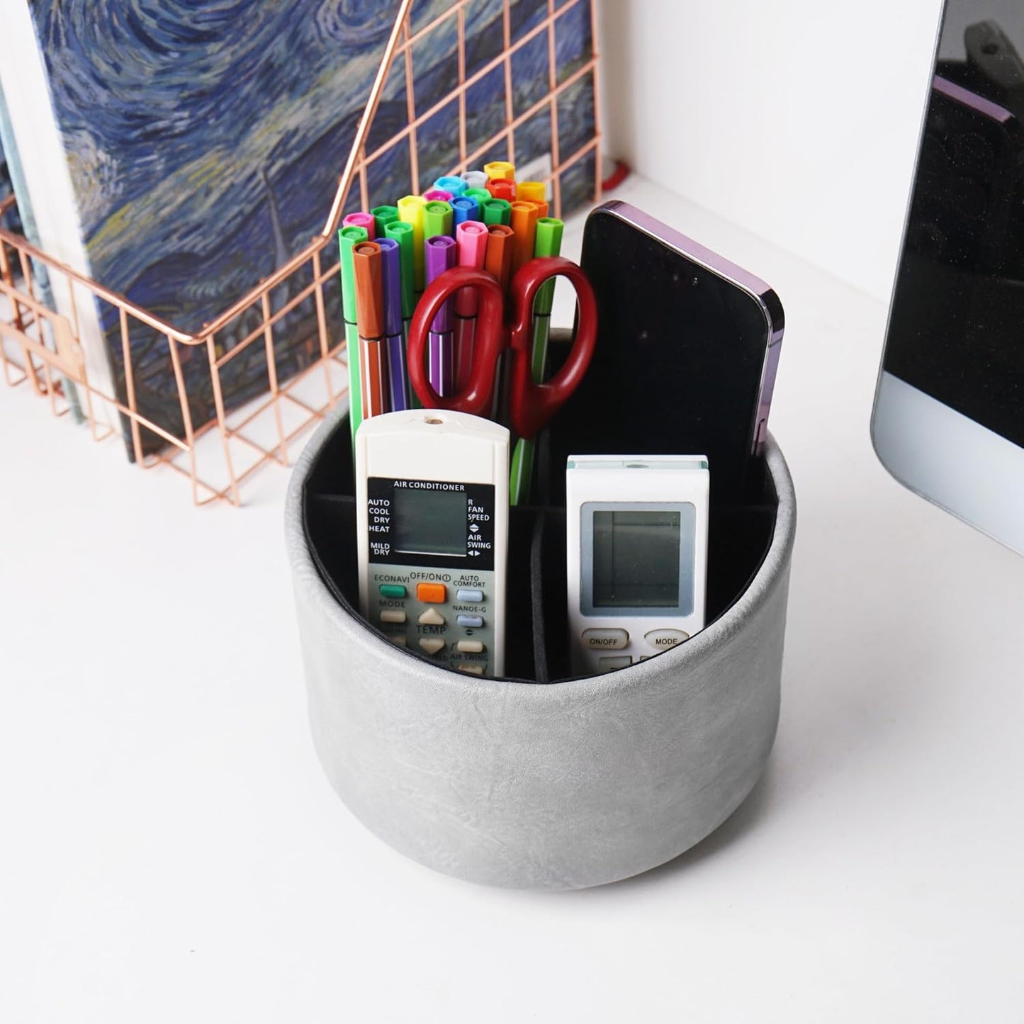 Hennaja Round Leather Art Supply Organizer,Remote Control Holder,360 Degree Rotating,Multi-Functional Pencil Holder,4 Compartments Desktop Stationary Organizer(1-Blue Bird) - Colors B