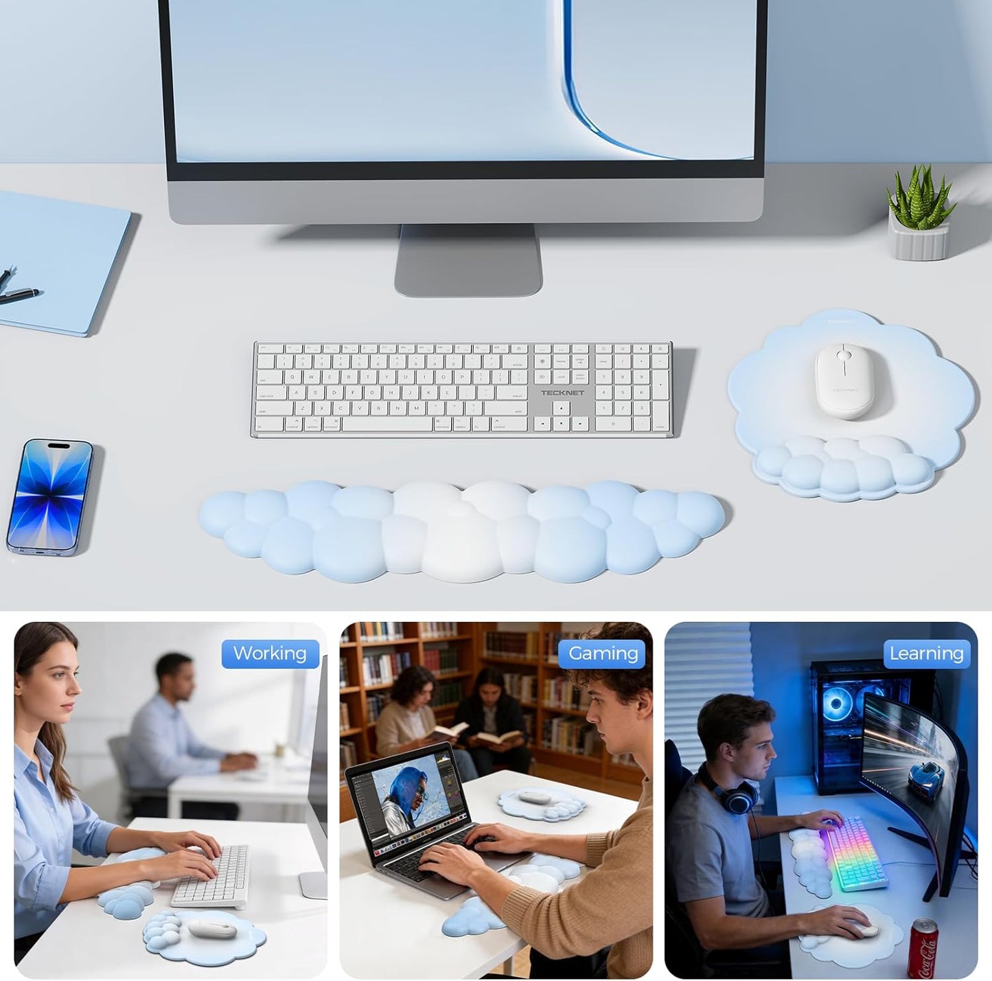 TECKNET Cloud Mouse Pad with Wrist Rest, Ergonomic Cloud Wrist Rest with Non-Slip Base, PU Leather Memory Foam Mouse Pad Wrist Support for Keyboard and Mouse, Pain Relief for Typing, Gaming, White