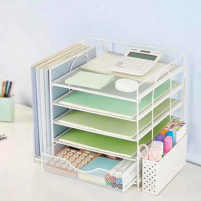 Desk Organizer with Drawer and Pen Holder, 5-Tier Paper Letter Tray Organizer with File Holder, Suitable for Workspace Organizer Office Supplies Storage (Black)