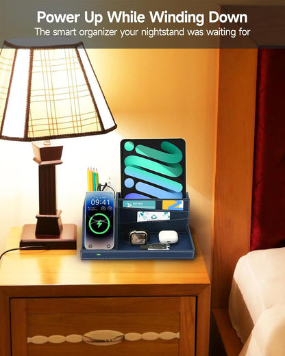 Fast Wireless Charging Station with Desk Organizer for iPhone 17/16/15/15 Pro/14/14 Pro Max/14 Pro/14 Plus/13/13 Pro Max/13 Pro/and iPhone 12/11 Series, Nightstand Desktop Organizer, Brown