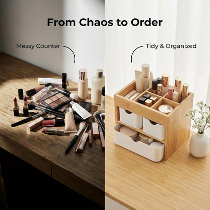 Bamboo Makeup Organizer with 3 Drawers, Dresser Cosmetic Organizer Box,Bamboo Desk Organizer for Home with Adjustable Dividers