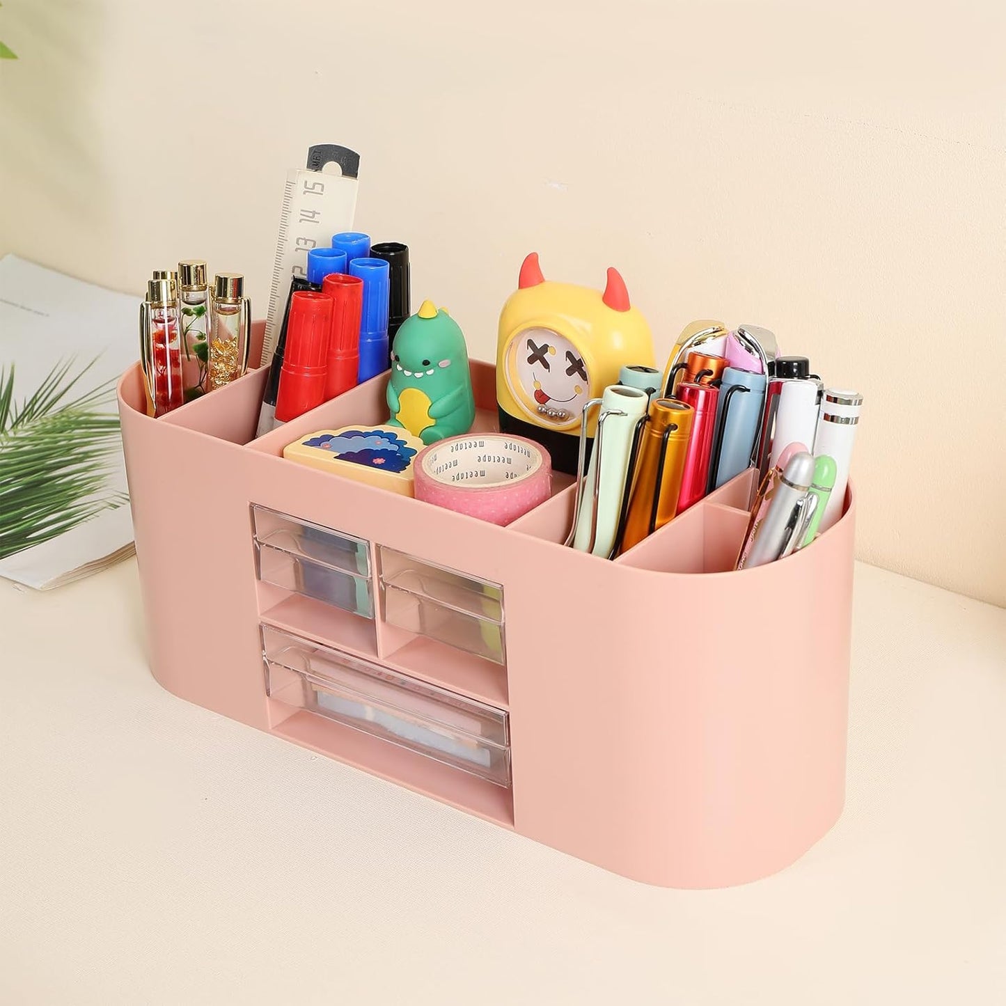 INSTOME Pencil Pen Holder for Desk with 3 Drawers - All-In-One Desk Organizer - Perfect Desk Accessories for Office Use - Stylish & Convenient Desk Organizers and Accessories (Beige)